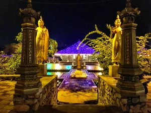 Hindu-Tempel Seema Malaka in Colombo erstrahl nachts in Gold und Blau