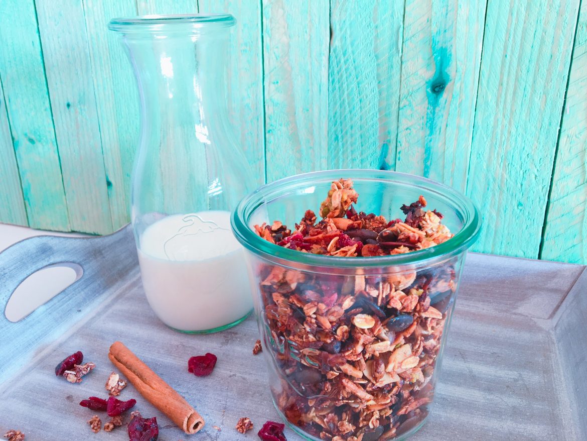 Pistazien-Cranberry-Granola mit Milch